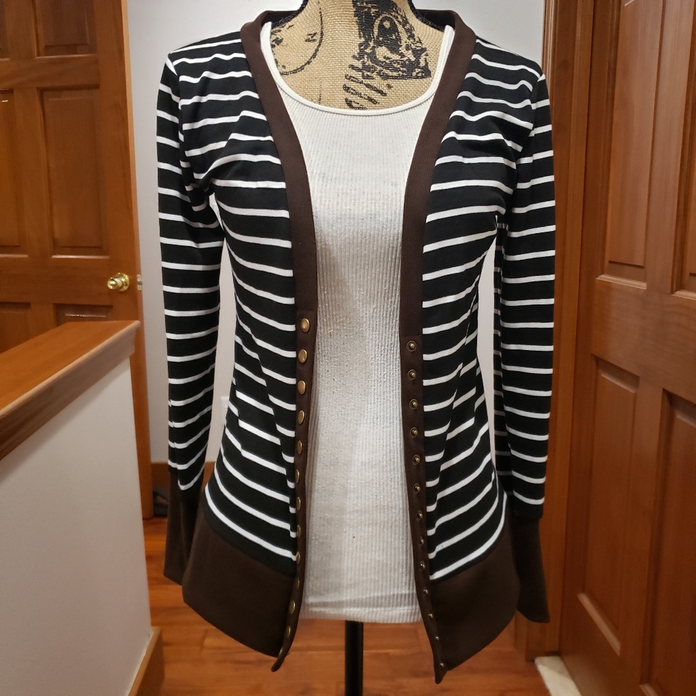 Brown and Gray Striped Fitted Cardigan NWOT Size S
